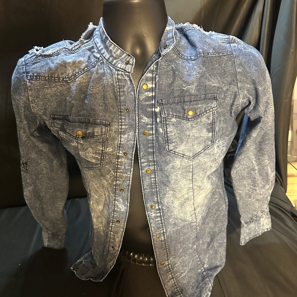Denim Button-Up Shirt with Distressed Details-girls size L-thrill denim-#523